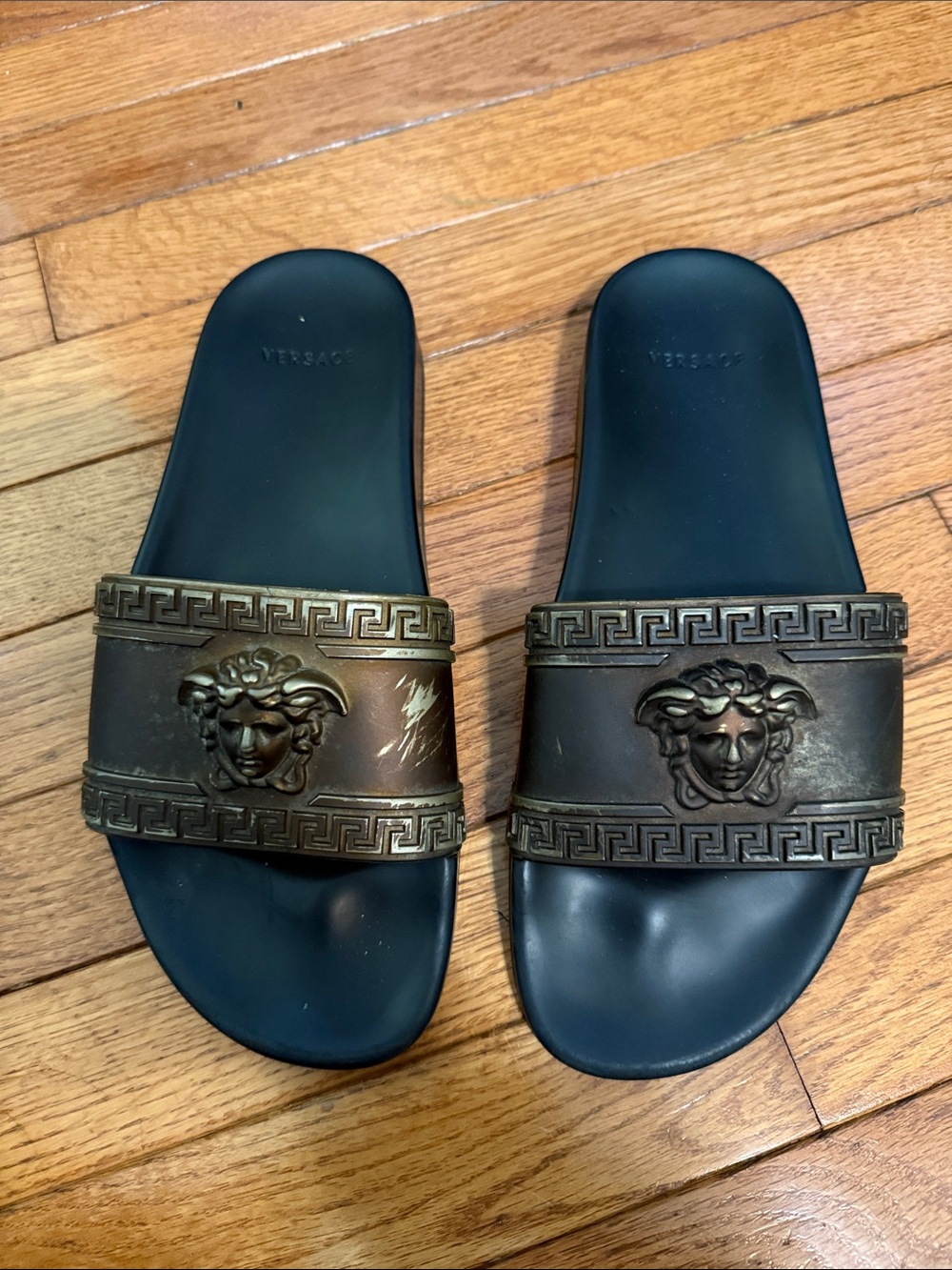 Versace Bronze Medusa Buckle Black Slide Sandals